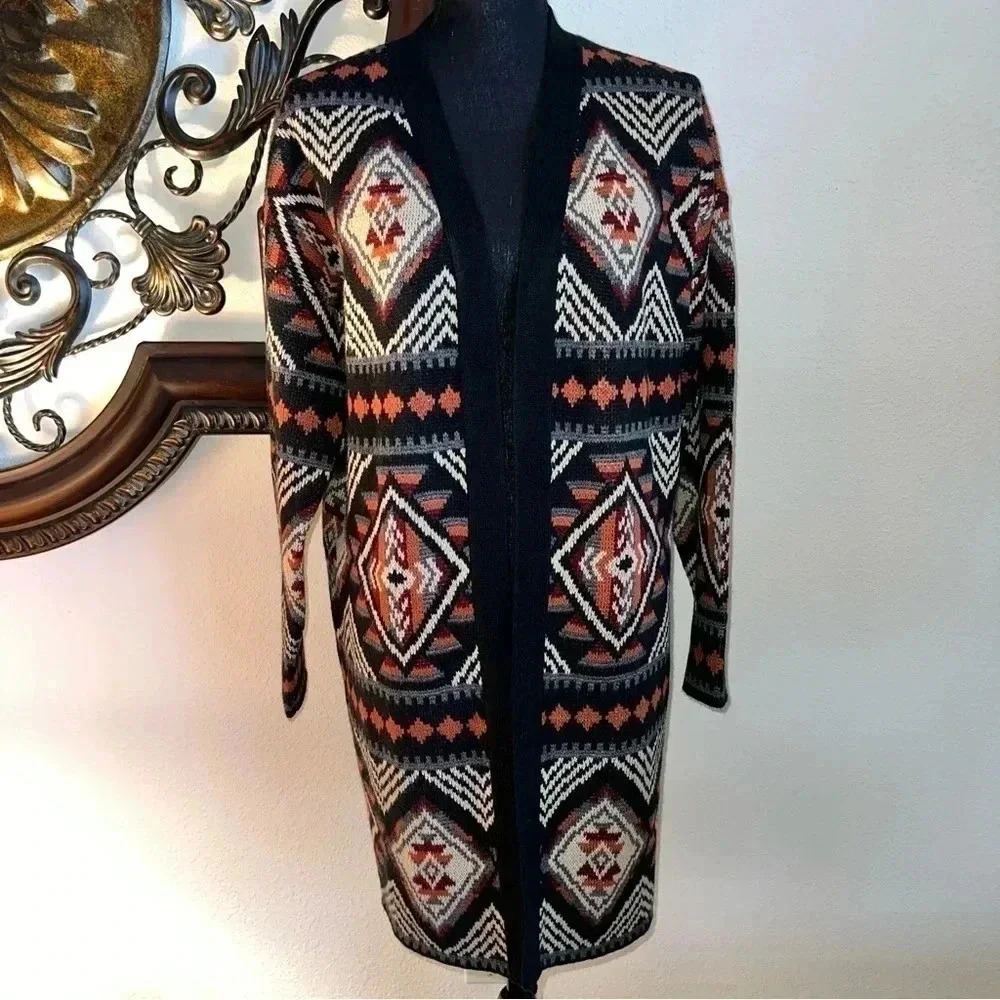 Savanna Jane Women’s Aztec Duster Topper Long Sweater Black Copper Size Small